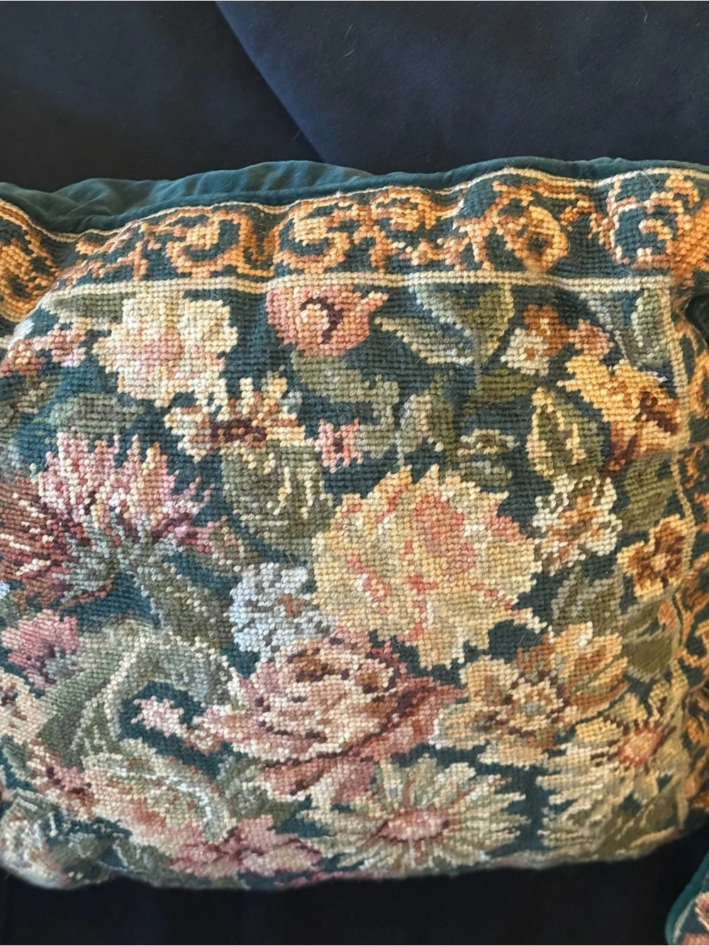 Vintage-Inspired Floral Needlepoint Accent Pillow Pair in Green and Pink